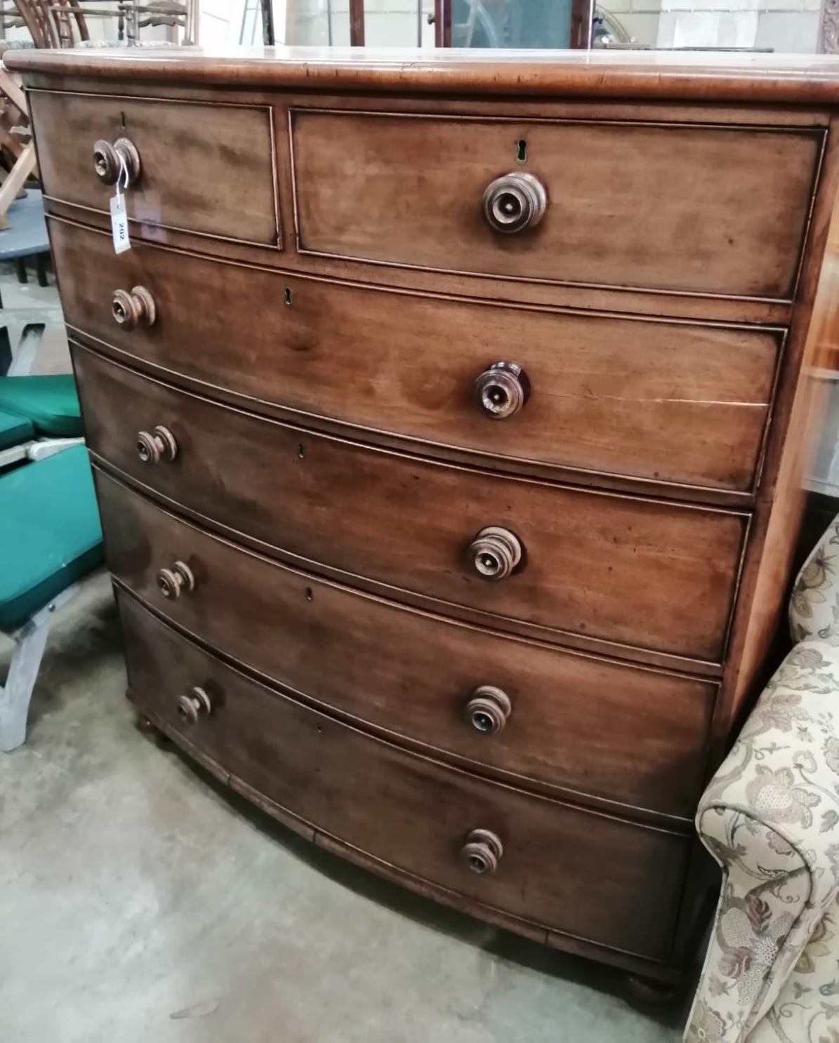A Victorian mahogany bow fronted chest of two short and four long drawers, width 115cm, depth 55cm, height 127cm *Please note the sale commences at 9am.